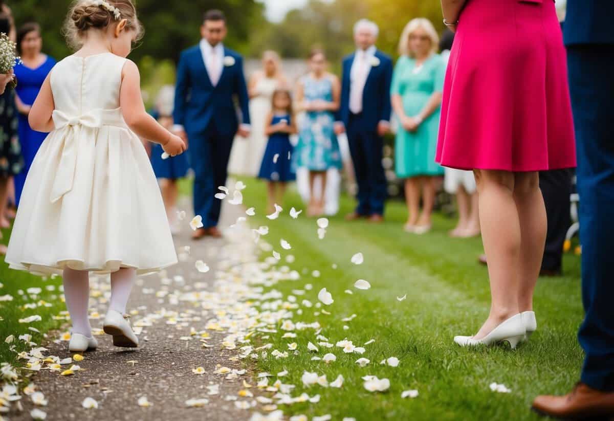A flower girl scatters petals on the path before the bride