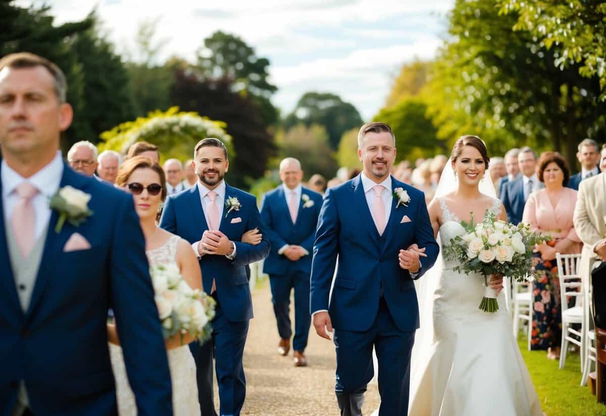 The wedding procession moves forward, with the key figures leading the way before the bride