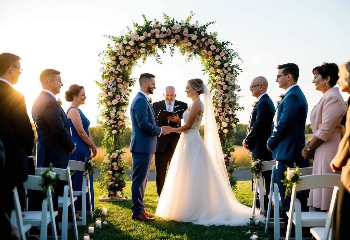 A bride and groom stand under a floral arch, surrounded by guests, as they exchange vows during a sunset wedding ceremony