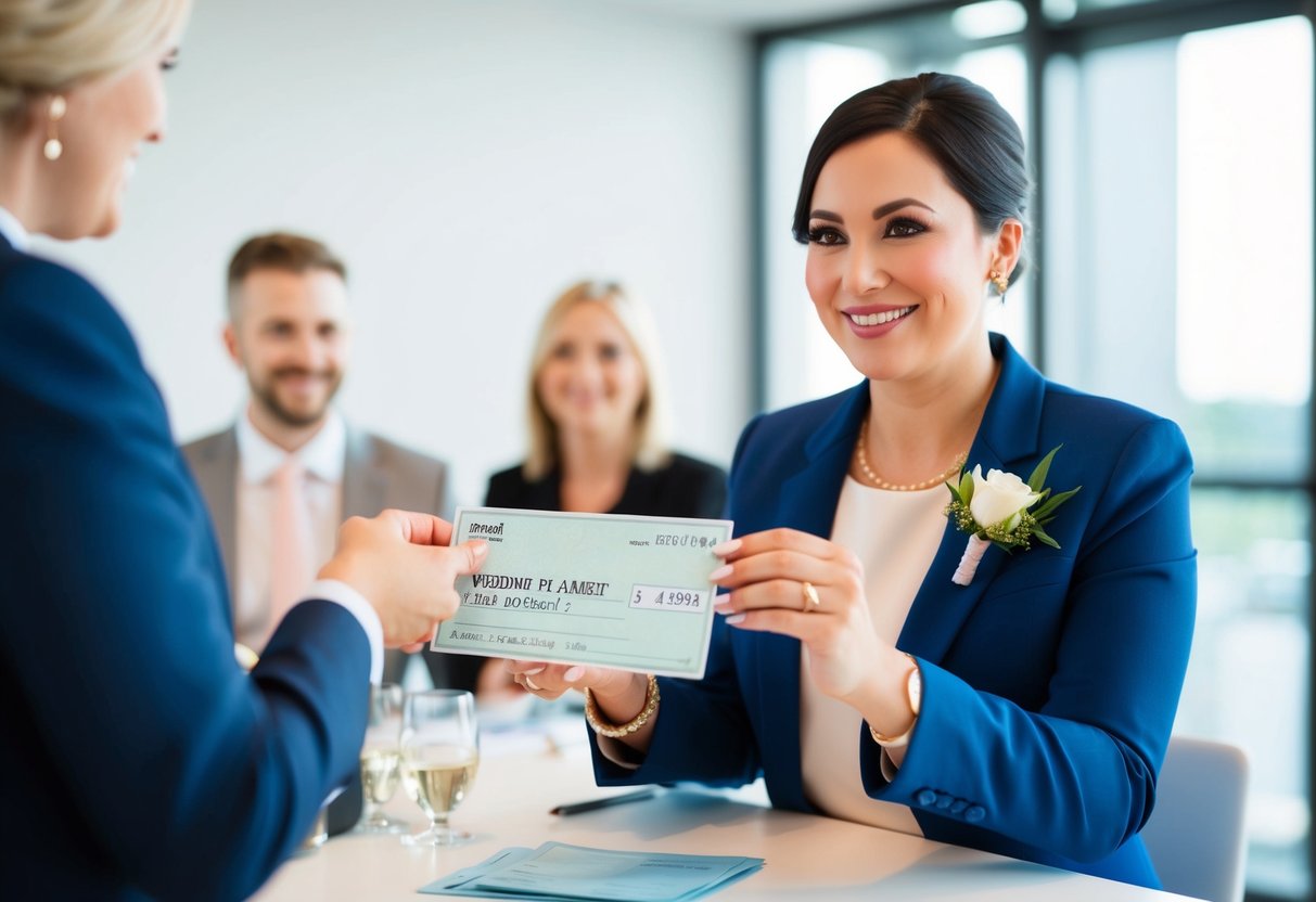 A wedding planner in Canada receives a payment check with a substantial amount written on it. The planner looks pleased and satisfied with their earnings