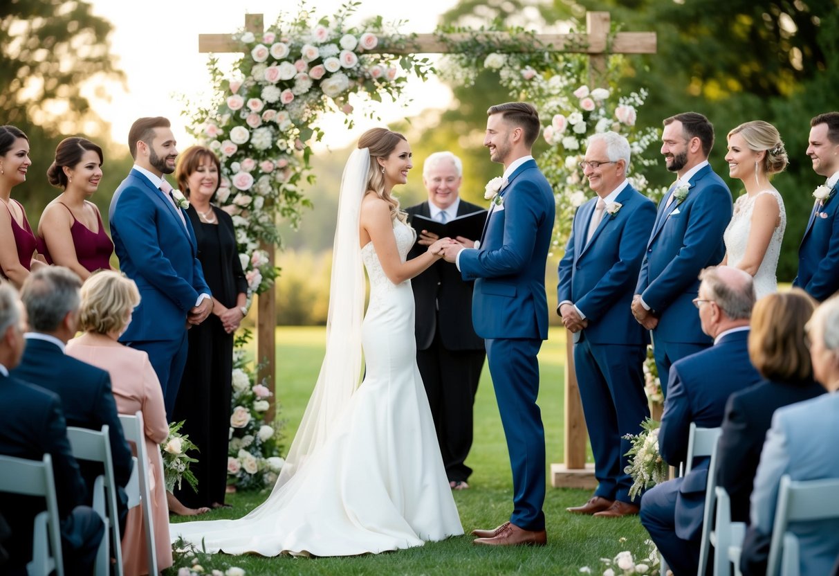 A bride and groom stand beneath a floral arch, exchanging vows in front of a gathering of family and friends