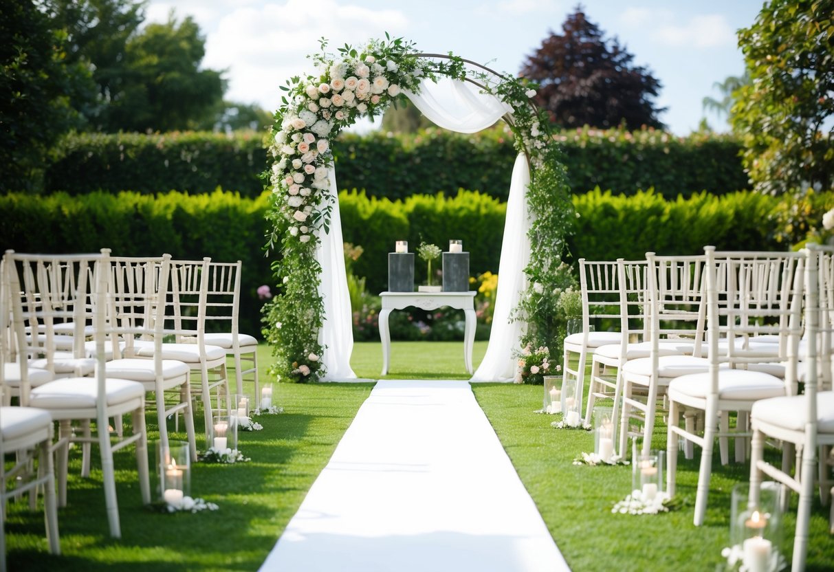 A beautiful wedding ceremony set in a lush garden with a floral arch, elegant chairs, and a flowing white aisle runner