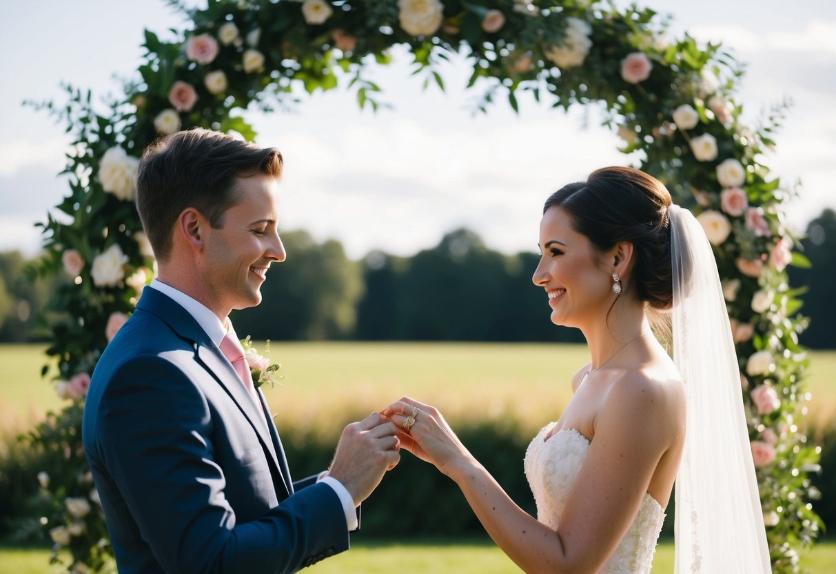 A bride and groom exchange rings under a floral arch