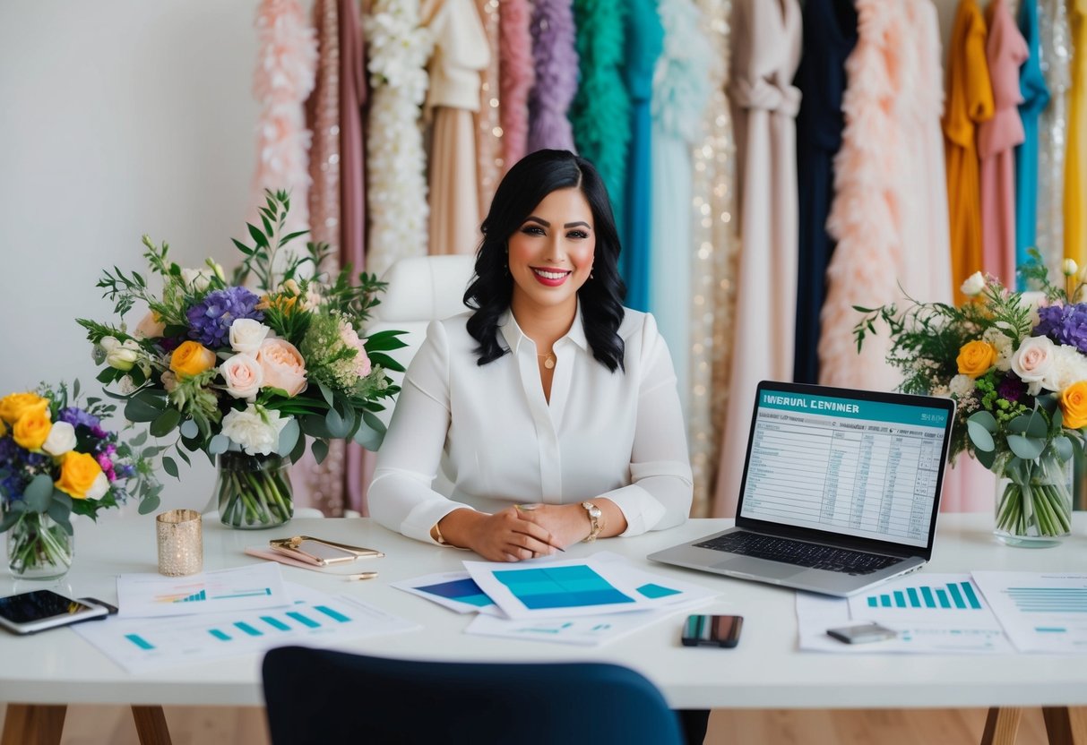 A wedding planner sitting at a desk, surrounded by colorful fabric swatches, floral arrangements, and design sketches. A laptop open to a spreadsheet of financial figures