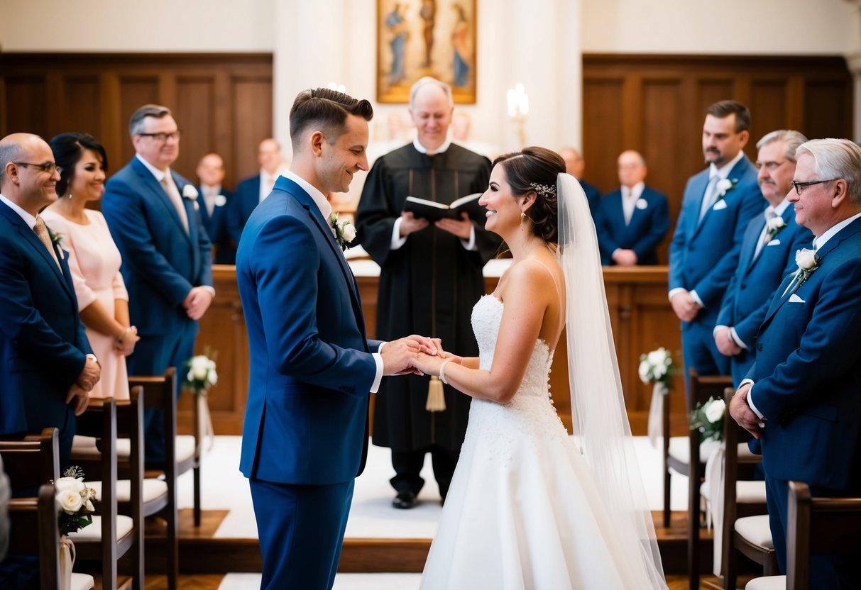A bride and groom stand at the altar, surrounded by guests. A minister officiates the ceremony as the couple exchanges vows and rings