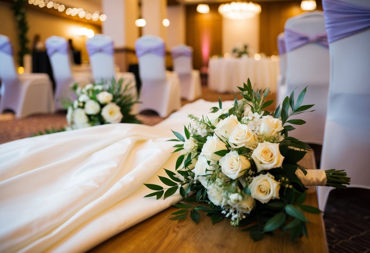 The bride's dress is laid out, flowers are arranged, and chairs are set up in the venue for the wedding ceremony