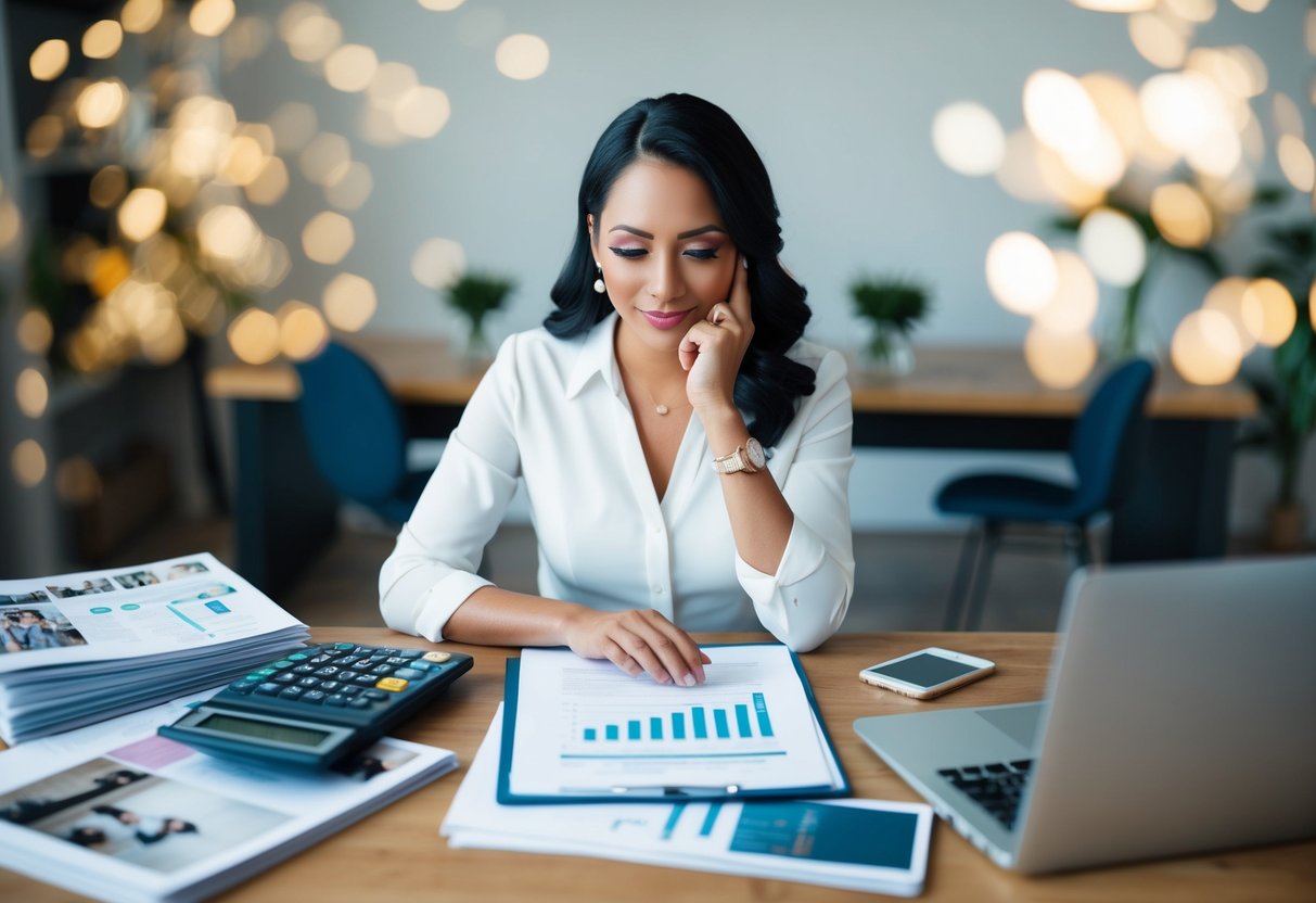 A wedding planner sitting at a desk with a calculator and financial documents, pondering while surrounded by wedding magazines and a laptop