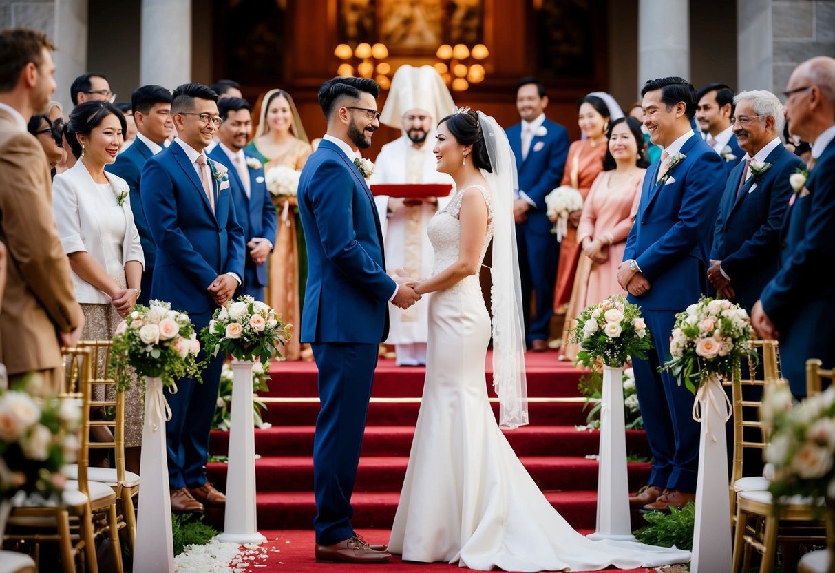 A bride and groom stand at the altar, exchanging vows as guests look on. A traditional wedding procession follows, with music, flowers, and a celebratory feast