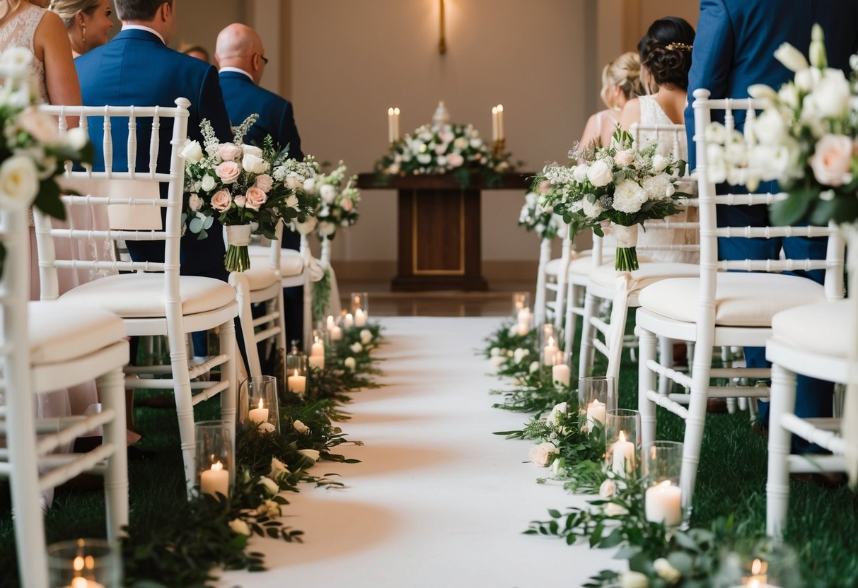 A flower-filled aisle leading to an altar with decorative chairs