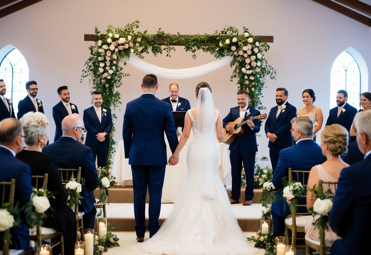 A bride and groom stand at the altar, surrounded by guests. A wedding arch and floral arrangements decorate the space. A musician plays soft music in the background