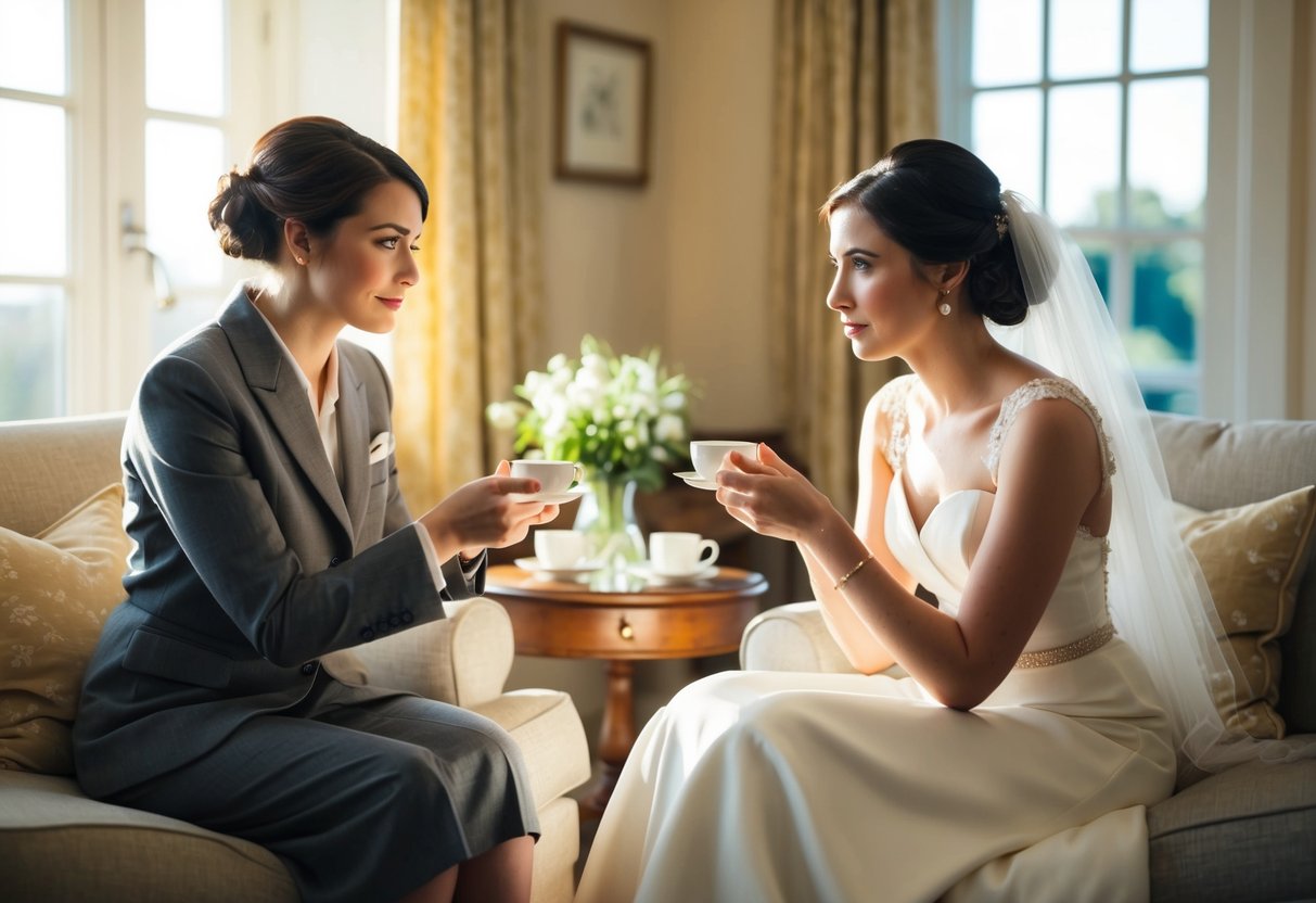 A calm friend offers tea to a worried bride in a cozy, sunlit room