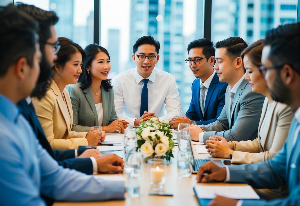 A group of people gather for a pre-wedding meeting, discussing roles and responsibilities