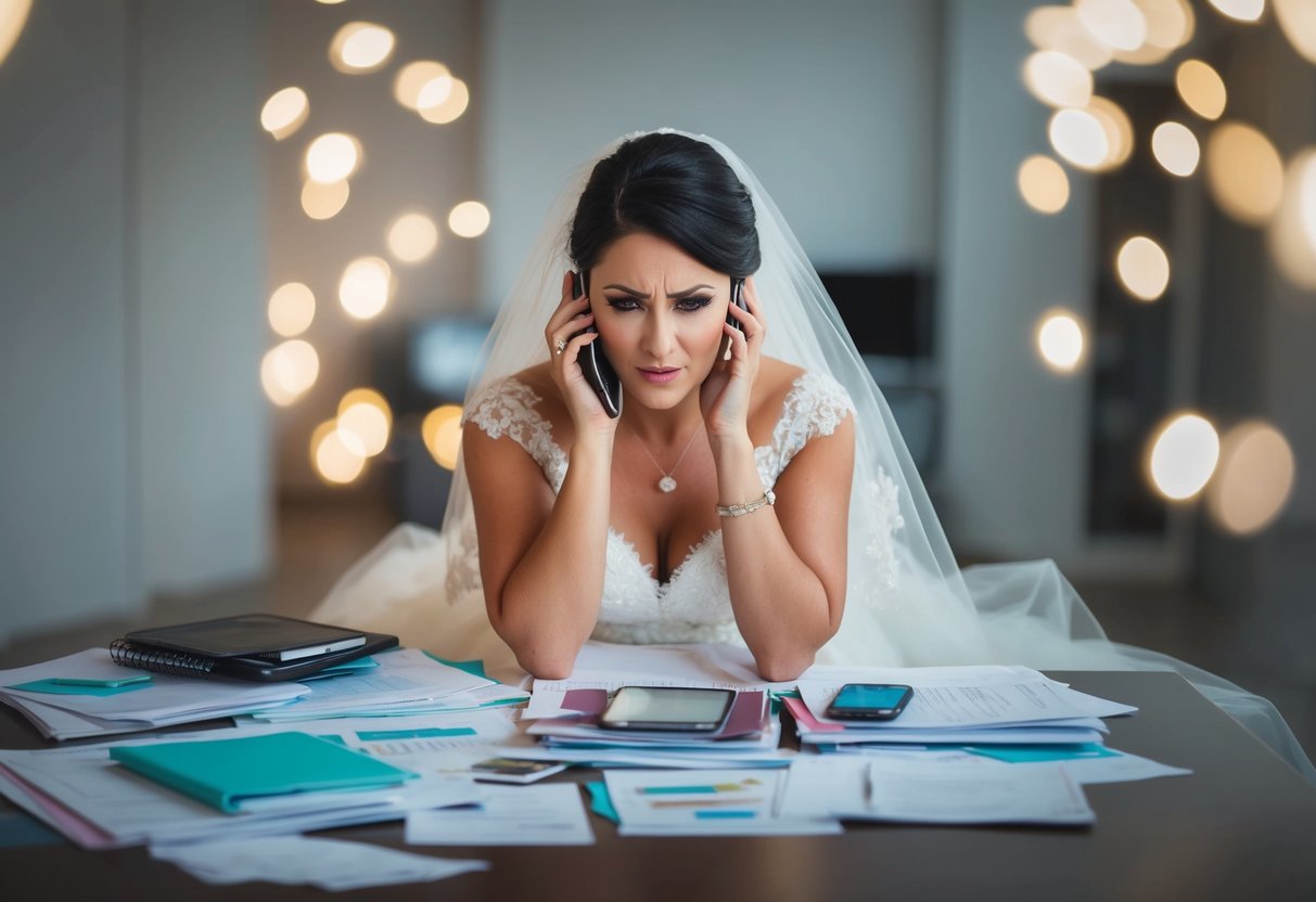 A bride sits surrounded by scattered wedding planning materials, her brow furrowed in frustration as she clutches a phone to her ear