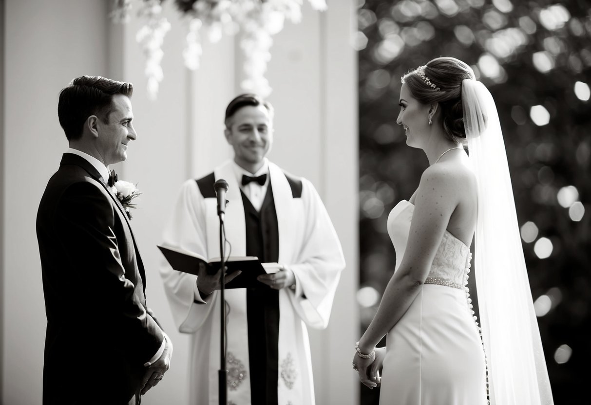 A wedding scene with the bride standing on the right side, facing a groom or officiant