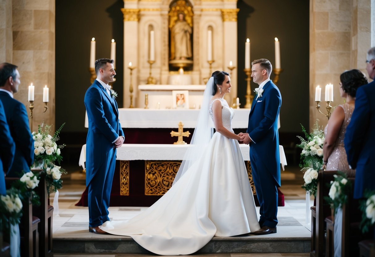 A bride and groom stand in front of an altar, with the bride positioned on the right side. The setting is a historical wedding ceremony