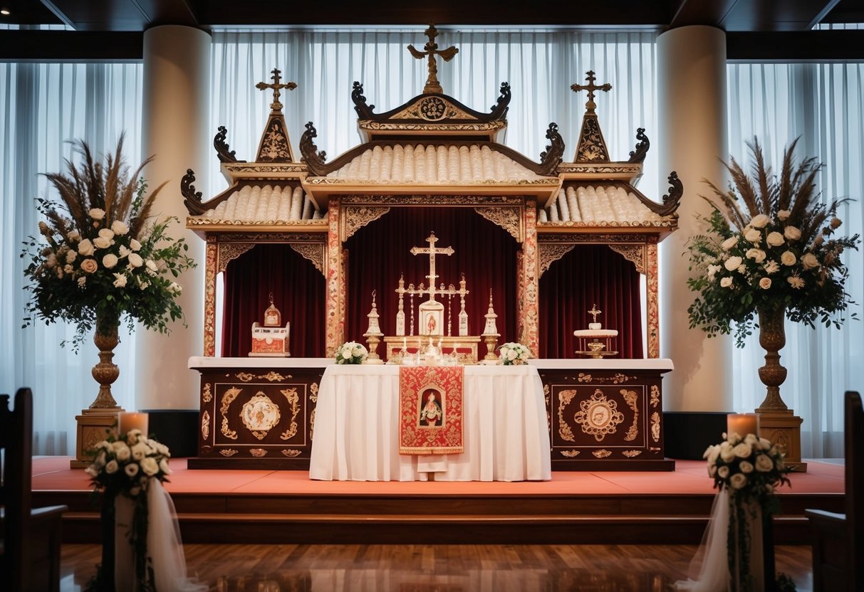 A traditional wedding altar with two distinct sides, one adorned with cultural and religious symbols, and the other with different cultural and religious symbols