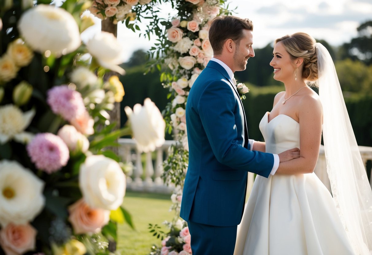 A wedding scene with the bride standing on the right side of the groom, surrounded by flowers and decorative elements