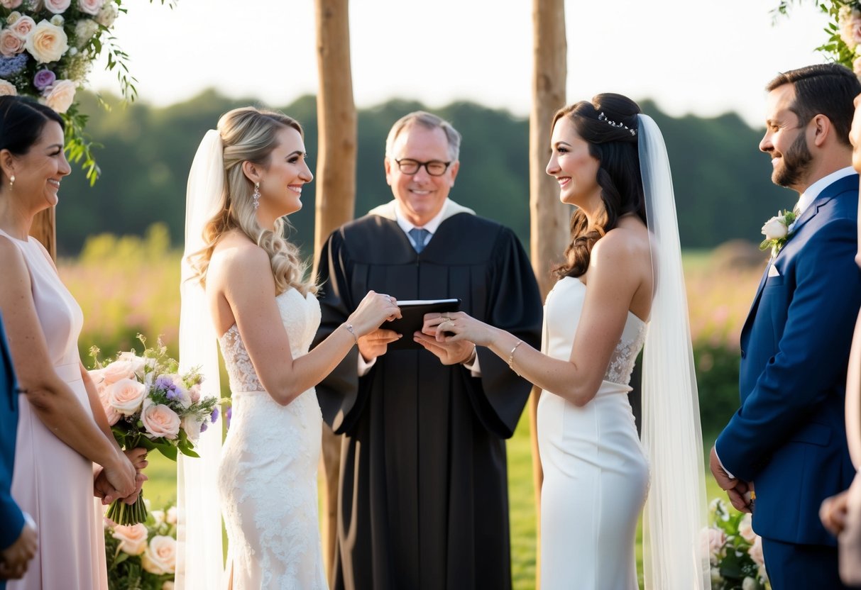 A couple stands before an officiant, surrounded by flowers and guests. The bride and groom exchange vows, ending with a joyful "I do."