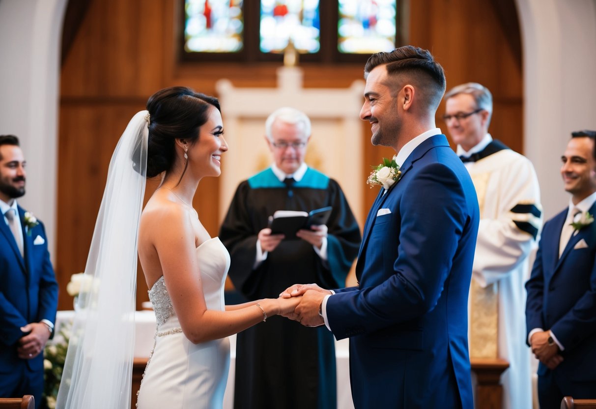 A couple standing at the altar, facing each other with the officiant in the background, as they exchange wedding vows