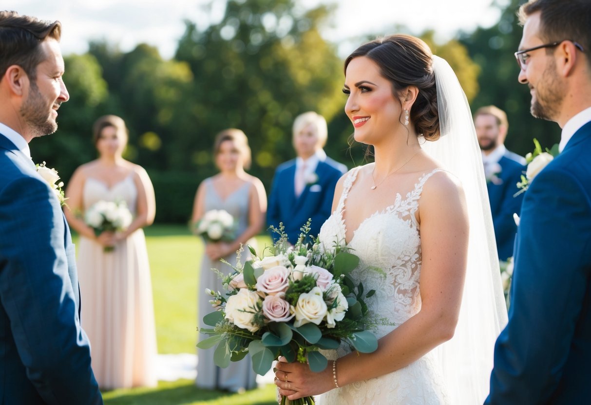 A bride stands on the right side of a wedding ceremony, holding a bouquet of flowers while facing the groom