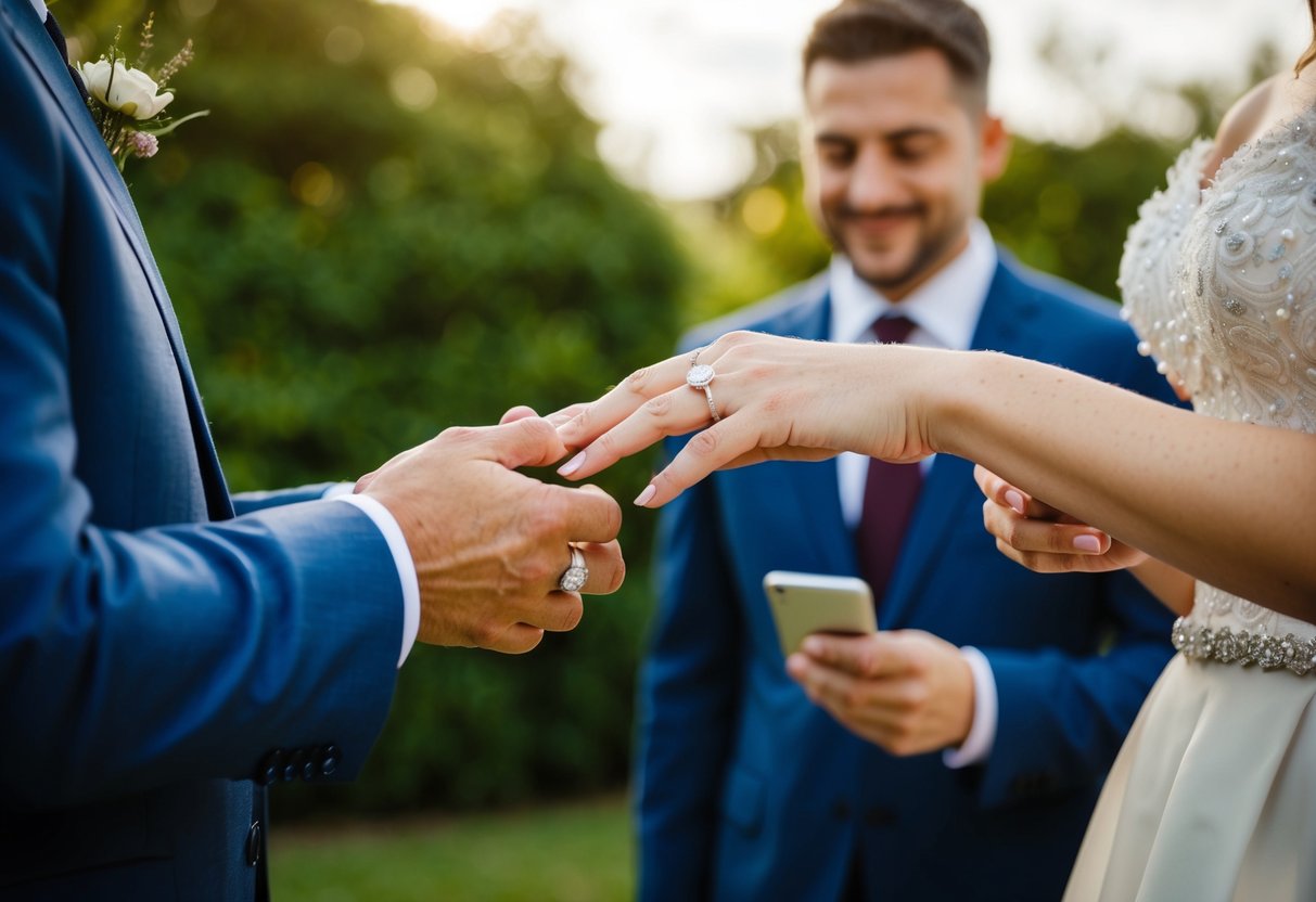 A wedding ring being exchanged between two individuals