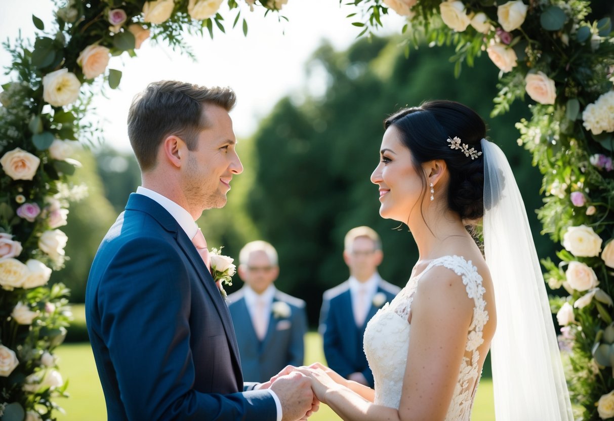 A bride and groom stand facing each other, framed by an archway of flowers. They exchange tender glances as they say their wedding vows