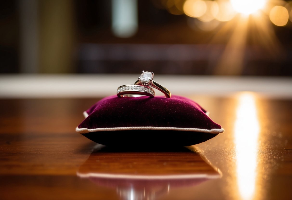 A small, ornate velvet pillow holding two gleaming wedding rings sits on a polished wooden table, bathed in soft, warm light