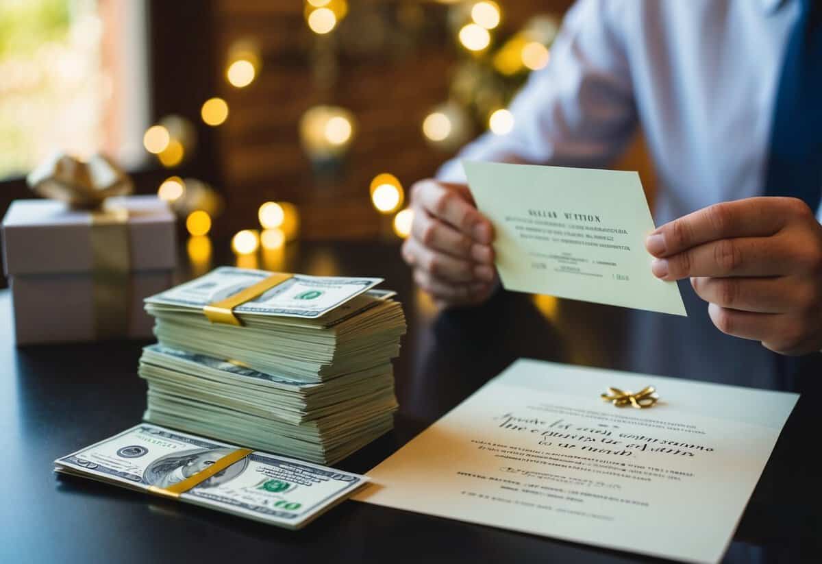A stack of cash and a wedding invitation on a table, with a person pondering the appropriate amount to give as a gift