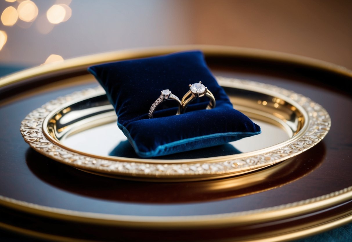 A small, velvet cushion holding two gleaming rings on a polished, ornate tray