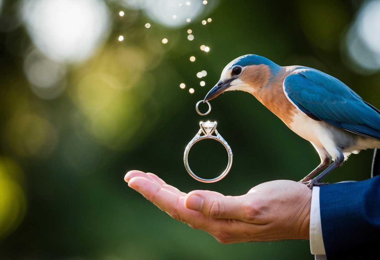 A bird drops the ring into the groom's open palm