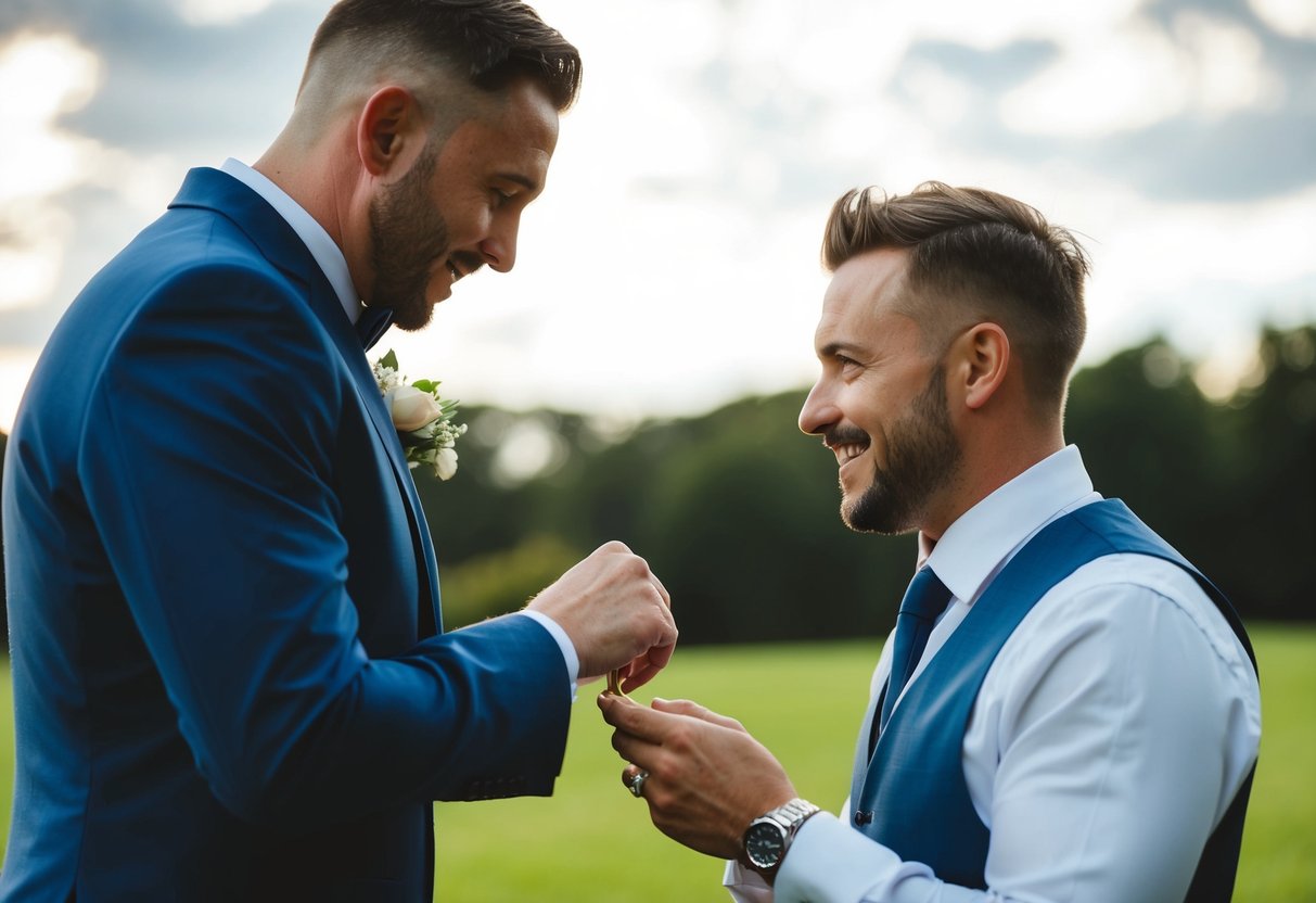 The groom's best man presents the ring to the groom