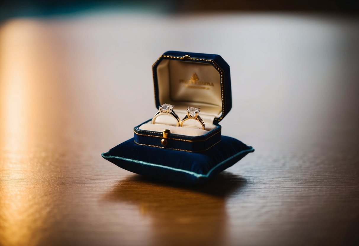 A small, ornate box sits atop a velvet cushion, holding two gleaming wedding rings. A soft light illuminates the scene, casting a warm glow on the precious symbols of love and commitment