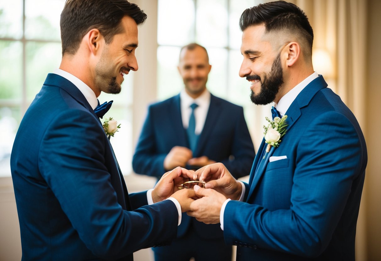 A groom receiving a wedding band from a loved one, symbolizing their commitment and love