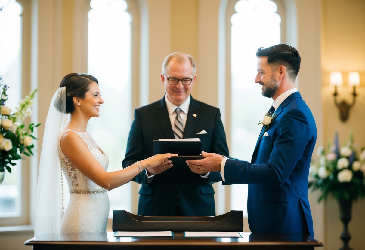 A couple stands before a registrar at a desk, exchanging vows