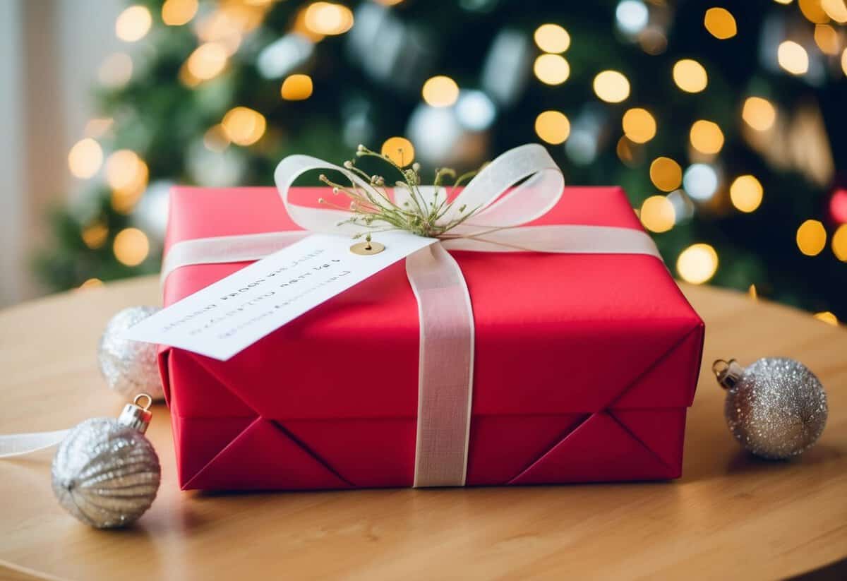 A beautifully wrapped gift sits on a table, adorned with delicate ribbons and a heartfelt note