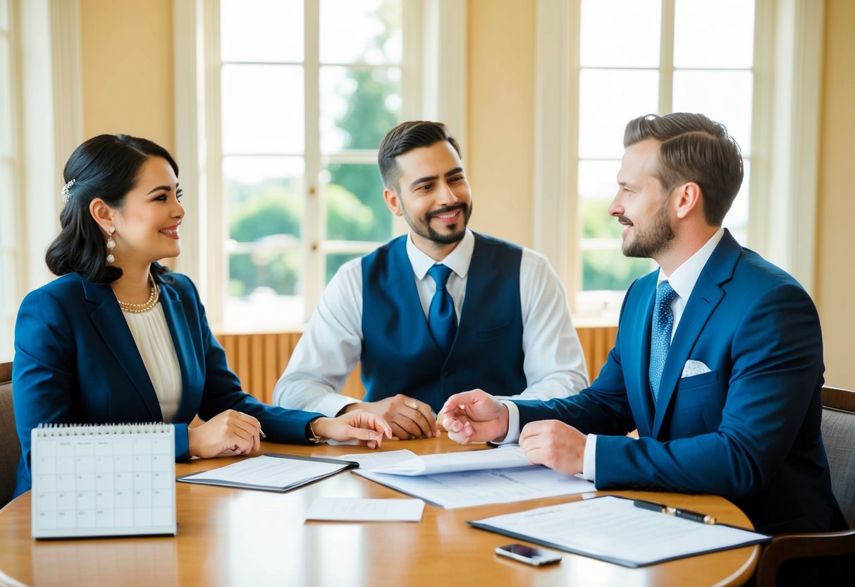 A couple sits across from a registrar at a table, discussing wedding plans and details. A calendar and papers are spread out in front of them