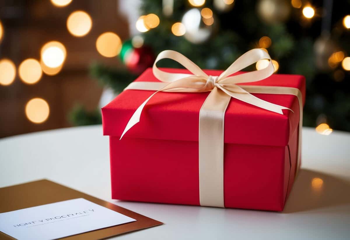 A beautifully wrapped gift box with a ribbon and a card on a table