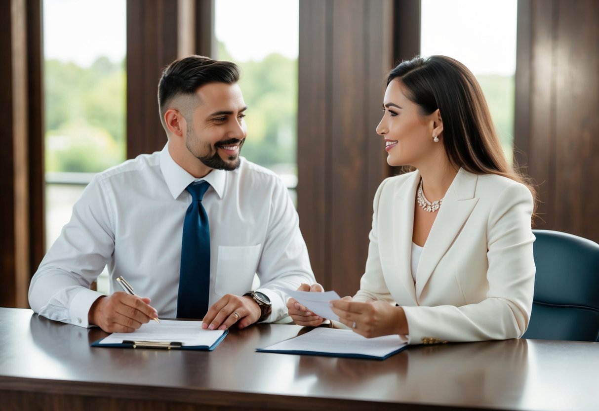 A couple sits across from a registrar at a desk, exchanging paperwork and discussing details for their upcoming wedding