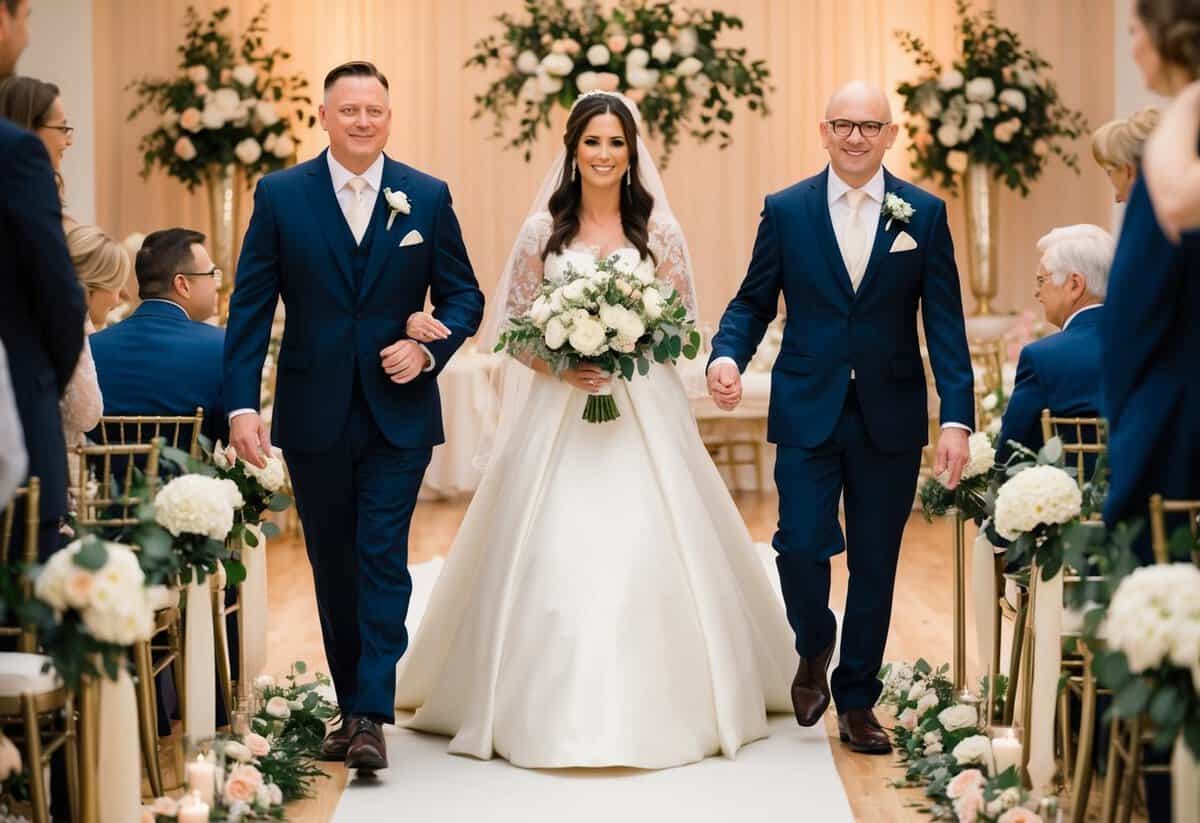 A figure in a formal outfit walks alongside the bride, guiding her down the aisle. The setting is a beautifully decorated wedding venue with flowers and elegant decor