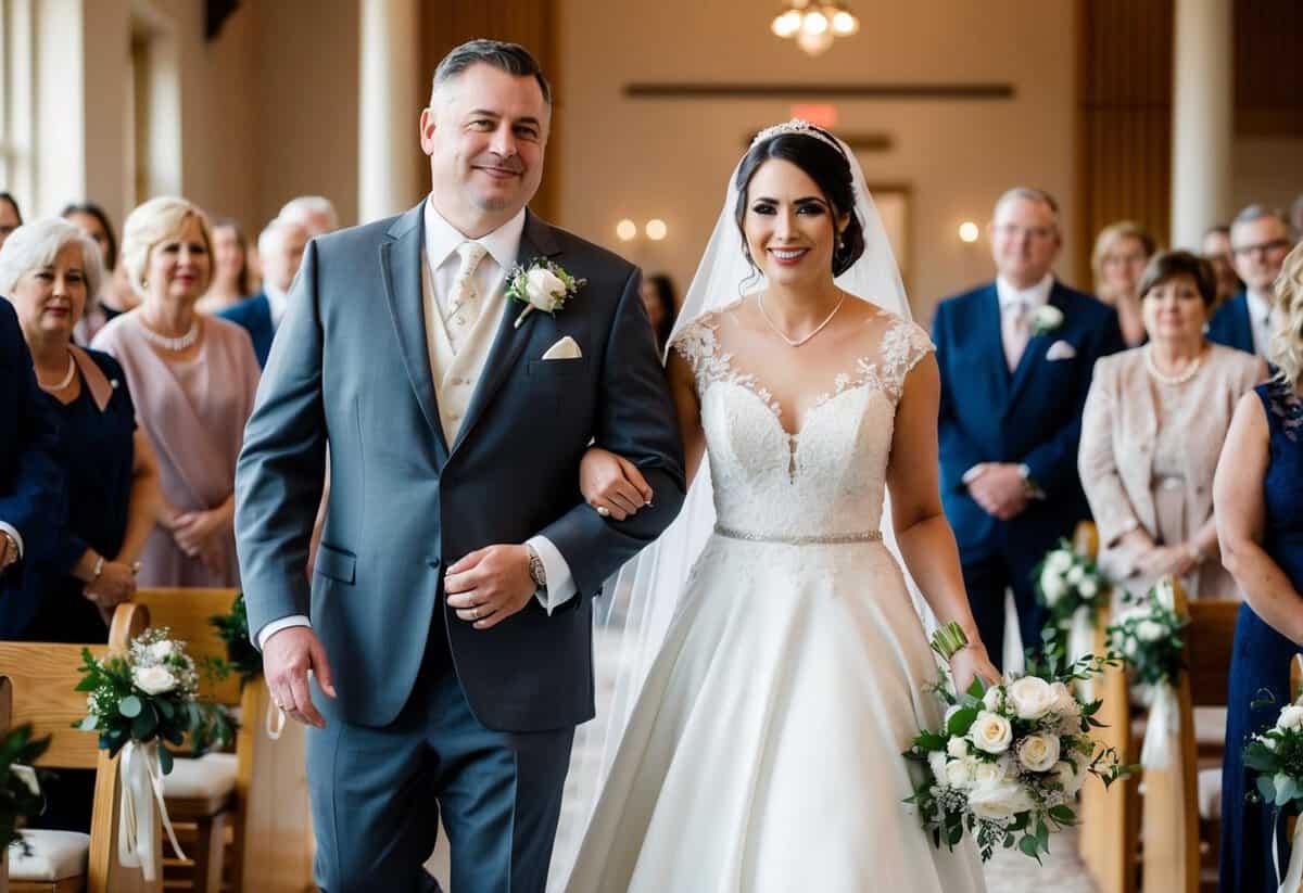 A figure stands beside the bride, guiding her down the aisle with a comforting presence
