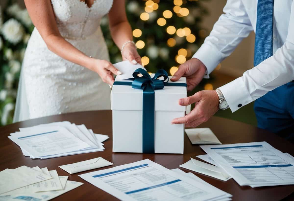 A bride's parents receive a gift box with a ribbon, surrounded by wedding-related financial documents and contribution envelopes