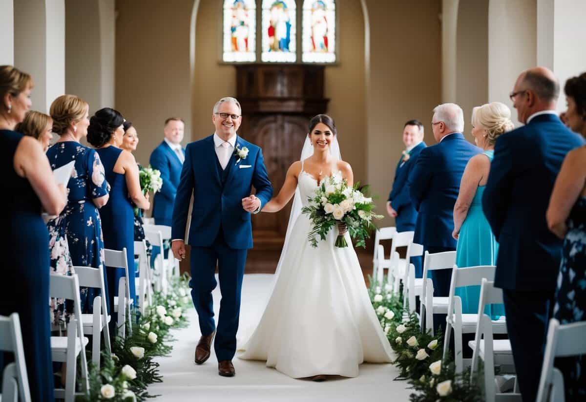A figure stands tall, guiding the bride down the aisle with strength and grace, embodying personal values and independence