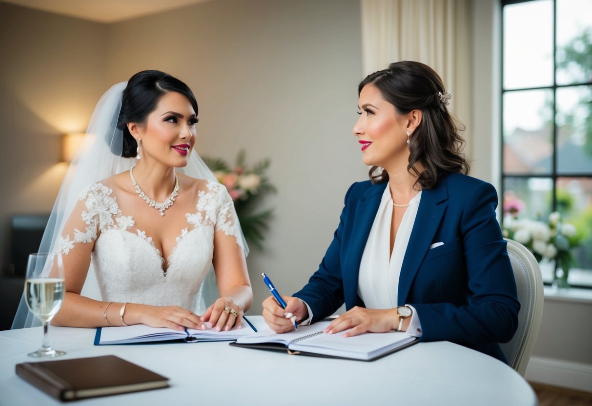 A wedding planner sits across from a bride, pen and notebook in hand, asking detailed questions about her vision, preferences, and expectations for the big day