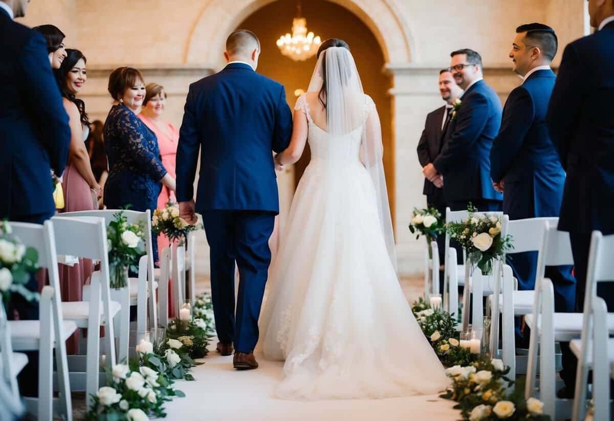 A figure gently guiding the bride down the aisle