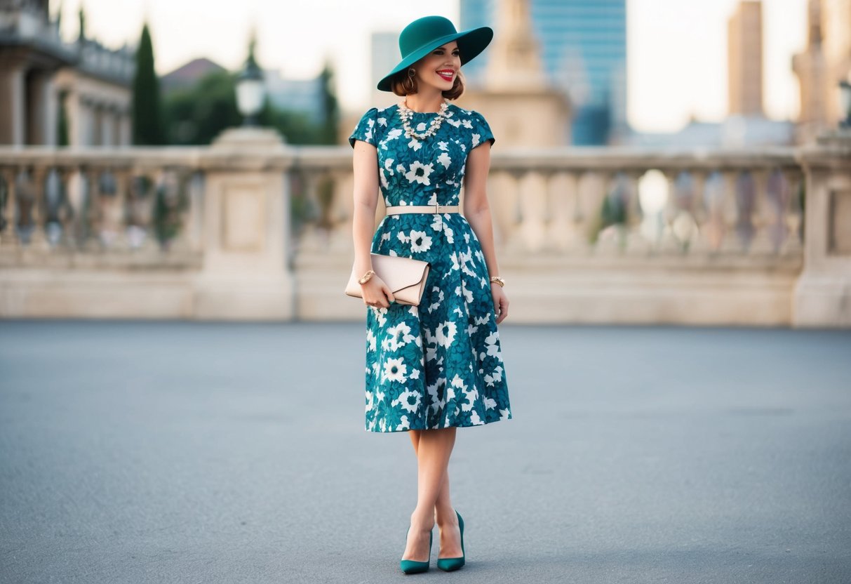 A floral-patterned knee-length dress with a matching hat and heels, a clutch purse, and delicate jewelry