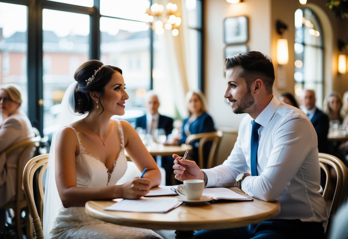 A wedding planner sits across from a bride, asking questions and taking notes in a cozy, sunlit café
