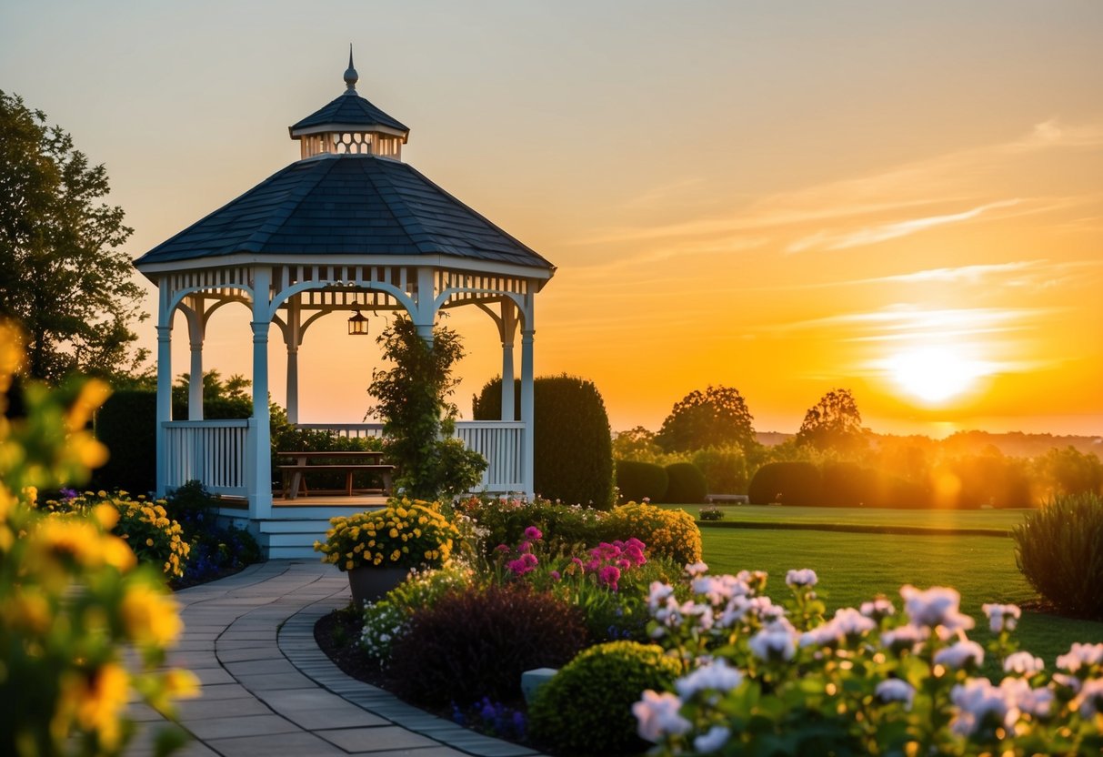 A scenic garden with a gazebo and blooming flowers, set against a golden sunset sky