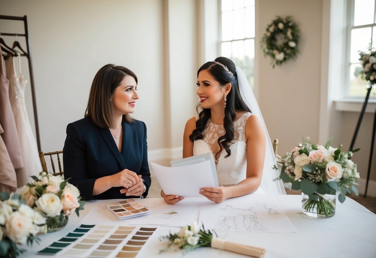 A wedding planner sits with a bride, discussing details, surrounded by swatches, fabric samples, and sketches of floral arrangements