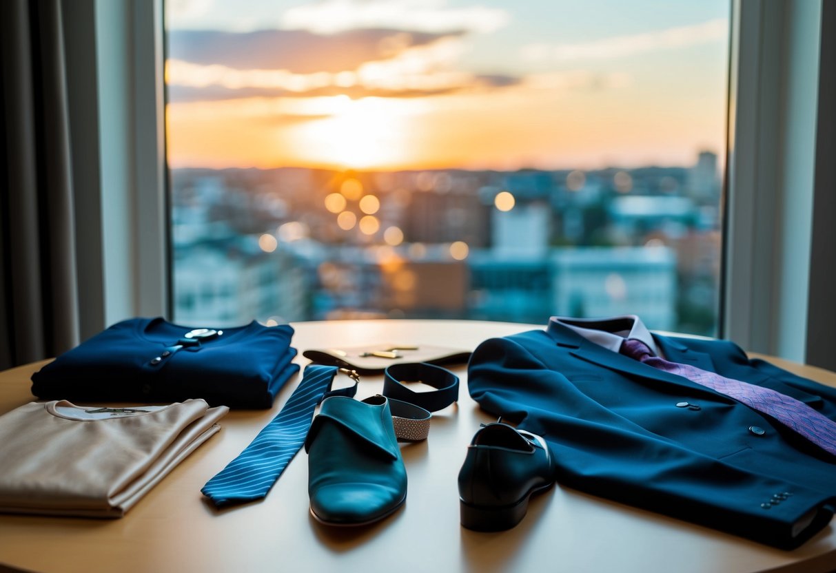 A table with various clothing items laid out, including a dress, suit, tie, and shoes, with a window showing the late afternoon sun