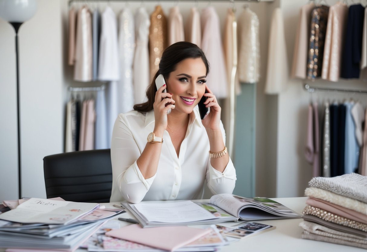 A wedding planner sitting at a desk, surrounded by bridal magazines and fabric swatches. They are speaking on the phone, jotting down notes, and brainstorming ideas